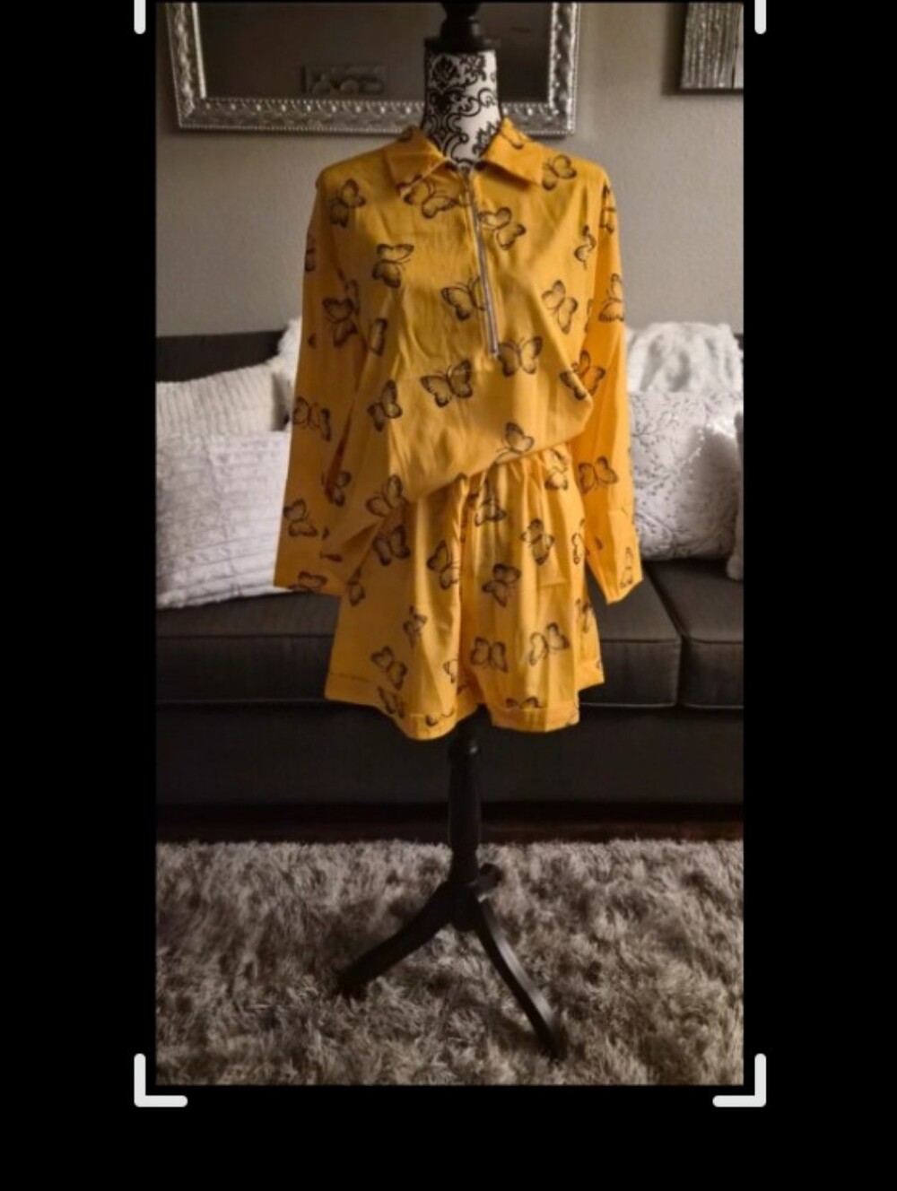Yellow Butterfly-Print Long Sleeve Shorts Set